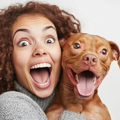 woman and dog are surprised